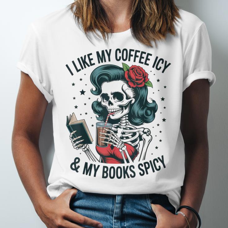 I Like My Coffee ICY & My Books Spicy For Book Lovers Unisex Jersey T-Shirt I Like My Coffee ICY & My Books Spicy For Book Lovers Unisex Jersey T-Shirt