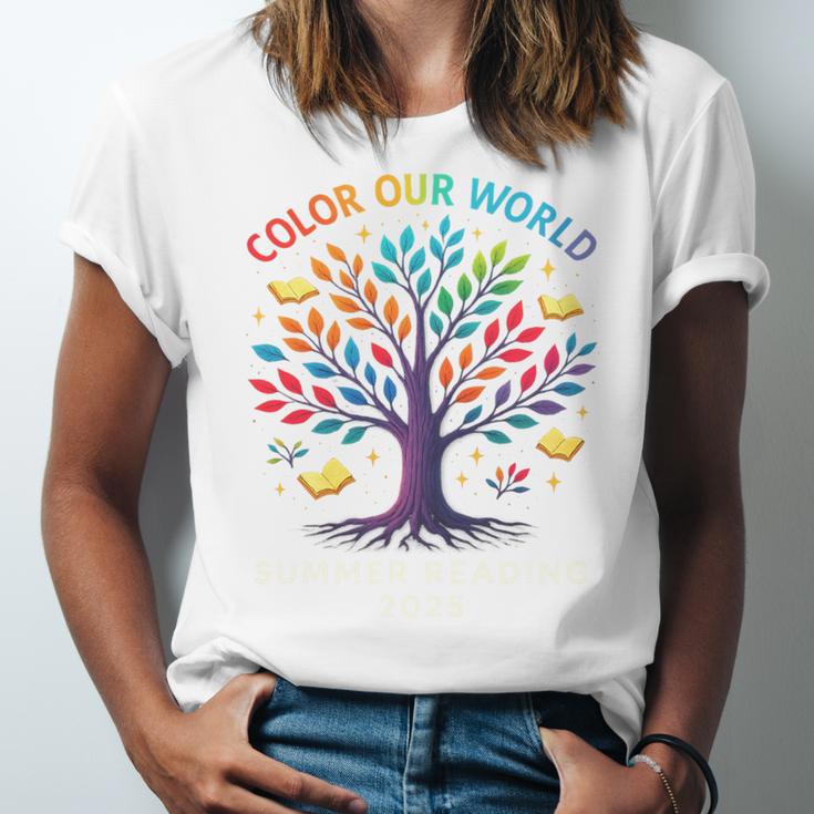 Color Our World Summer Reading Program 2025 Trippy Book Tree Unisex Jersey T-Shirt