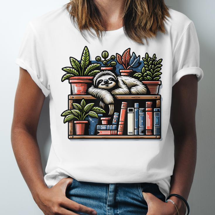 Cosy Sloth In Bookshelf With Plants Unisex Jersey T-Shirt