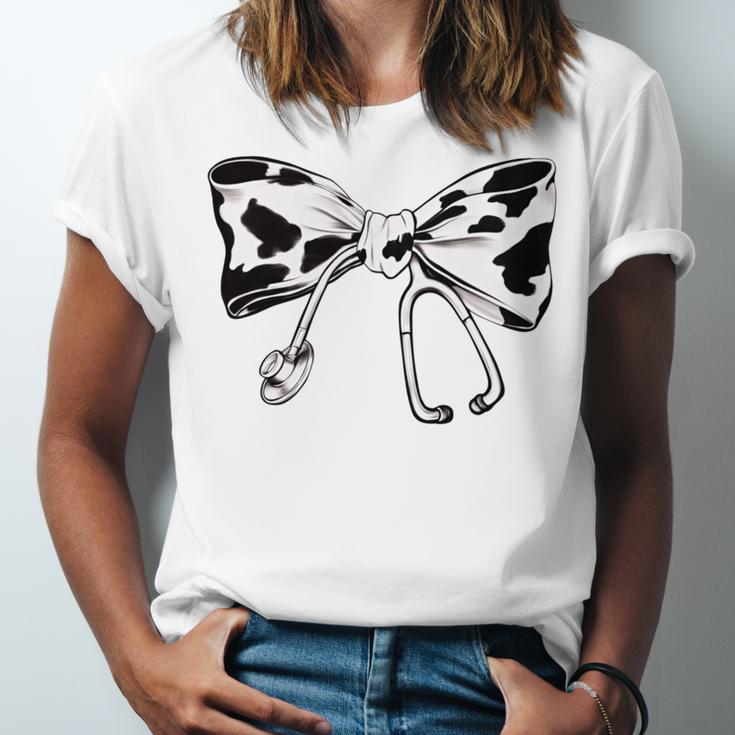 Cow Print Bow And Stethoscope Nurse RN Graduation Coquette Unisex Jersey T-Shirt