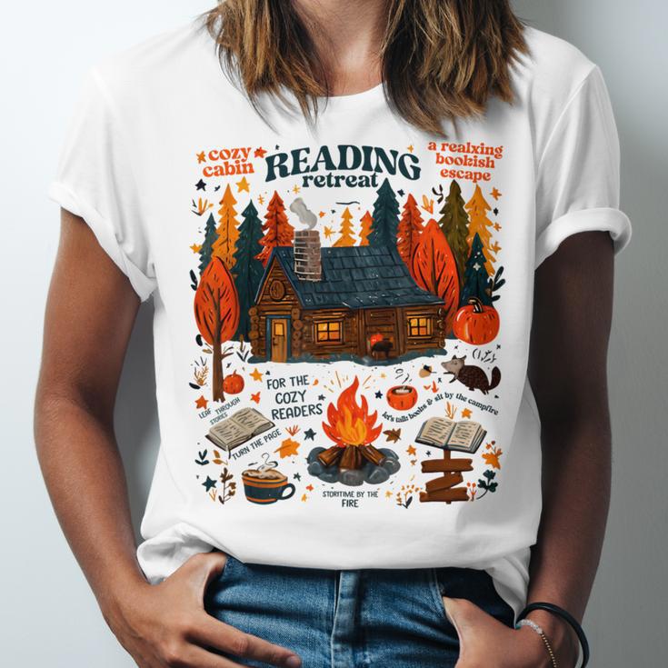 Cozy Reading Cabin Retreat Fall Bookish Autumn Cozy Reader Unisex Jersey T-Shirt Cozy Reading Cabin Retreat Fall Bookish Autumn Cozy Reader Unisex Jersey T-Shirt