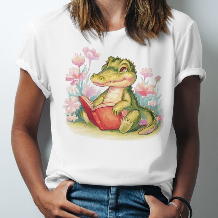 Crocodile Reading Book Watercolor Flowers Kids Unisex Jersey T-Shirt