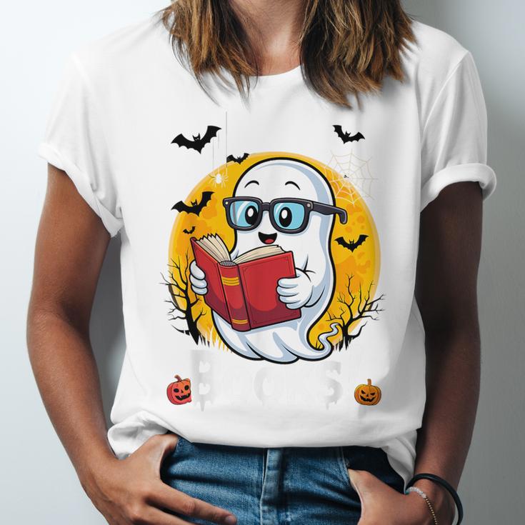 Cute Ghost Reading Book Retro Halloween Librarian Unisex Jersey T-Shirt