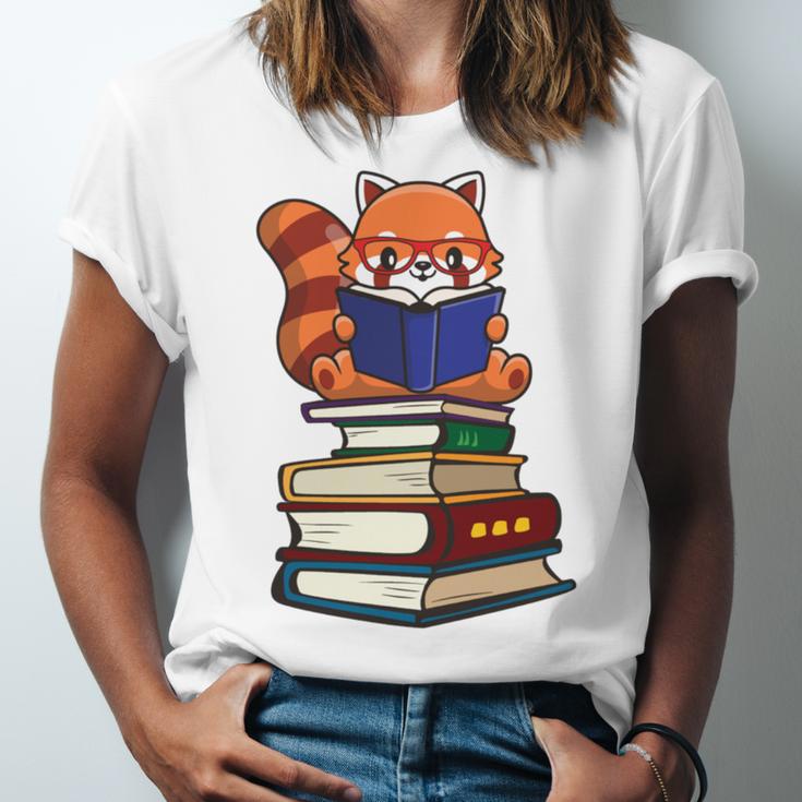 Cute Kawaii Kids Reading Books Glasses Red Panda Lover Unisex Jersey T-Shirt