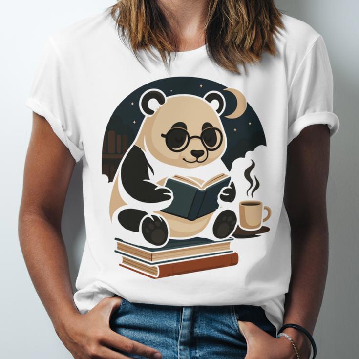 Cute Panda Reading Book Under Moon Bookworm Coffee Lover Unisex Jersey T-Shirt Cute Panda Reading Book Under Moon Bookworm Coffee Lover Unisex Jersey T-Shirt