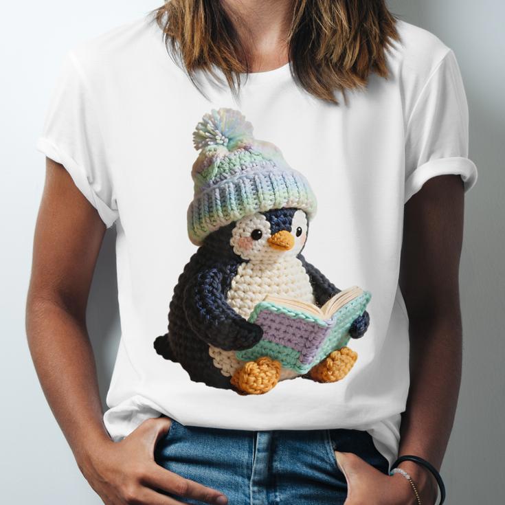 Cute Penguin Reading Book Faux-Crochet Print Unisex Jersey T-Shirt Cute Penguin Reading Book Faux-Crochet Print Unisex Jersey T-Shirt