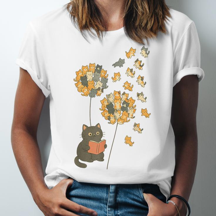 Cute Reading Cat With Kitten Dandelion Flowers Book Lover Unisex Jersey T-Shirt