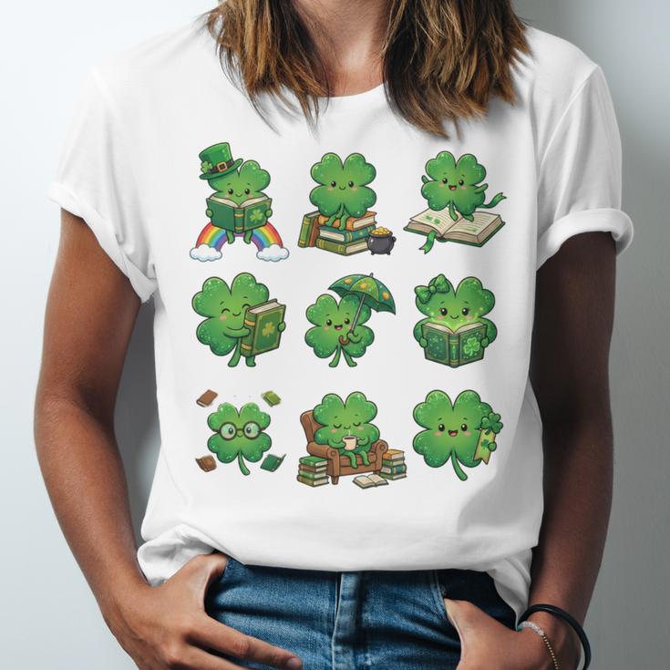 Cute Shamrock Reading St Patricks Day Teacher Book Lovers Unisex Jersey T-Shirt