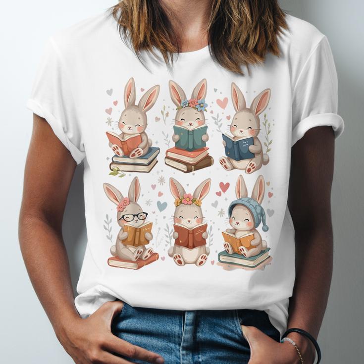 Cute Teacher Bunny Rabbit Reading Easter Bunnies Book Lovers Unisex Jersey T-Shirt