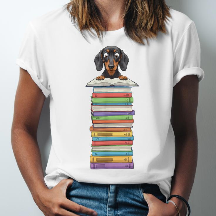 Cute Wiener Dog Dachshund Reading On Pile Of Books Unisex Jersey T-Shirt