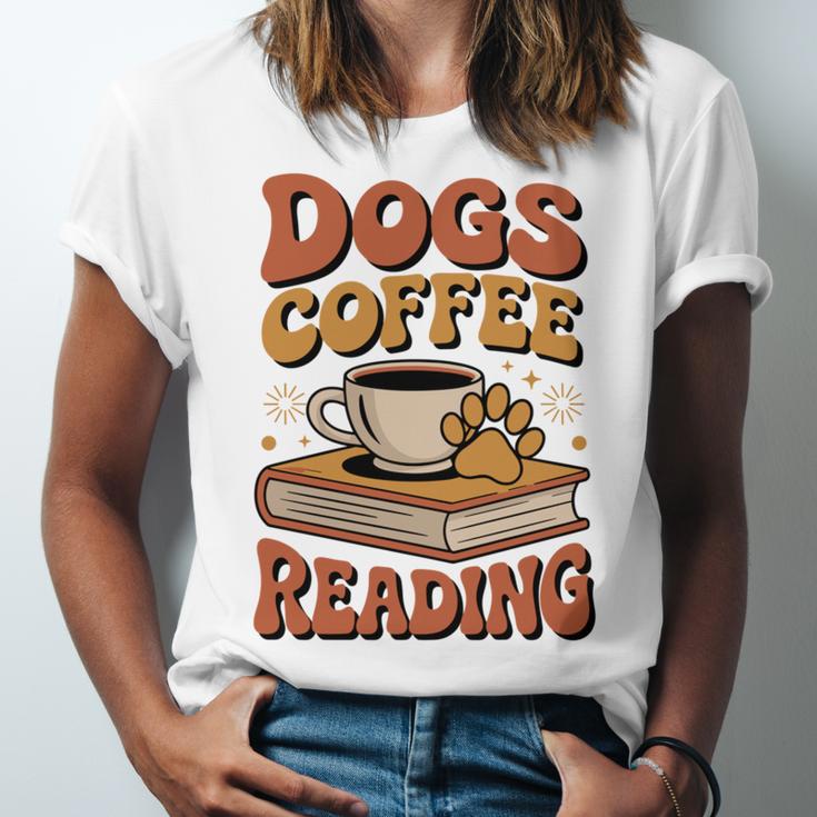 Dogs Coffee Reading Book Lover Unisex Jersey T-Shirt Dogs Coffee Reading Book Lover Unisex Jersey T-Shirt