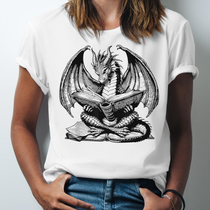 Dragon Reading Book Bookworm Books Dragon Lover Learning Unisex Jersey T-Shirt