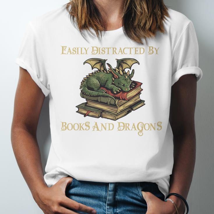 Easily Distracted By Books And Dragons Graphic Premium Unisex Jersey T-Shirt