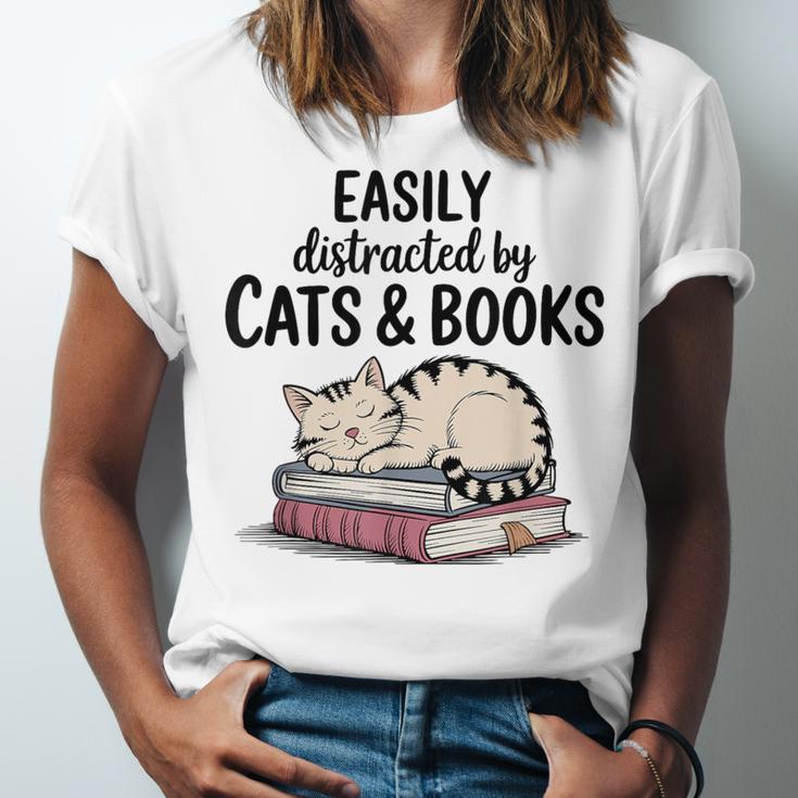 Easily Distracted By Cats And Books Cute Book Lover Unisex Jersey T-Shirt Easily Distracted By Cats And Books Cute Book Lover Unisex Jersey T-Shirt