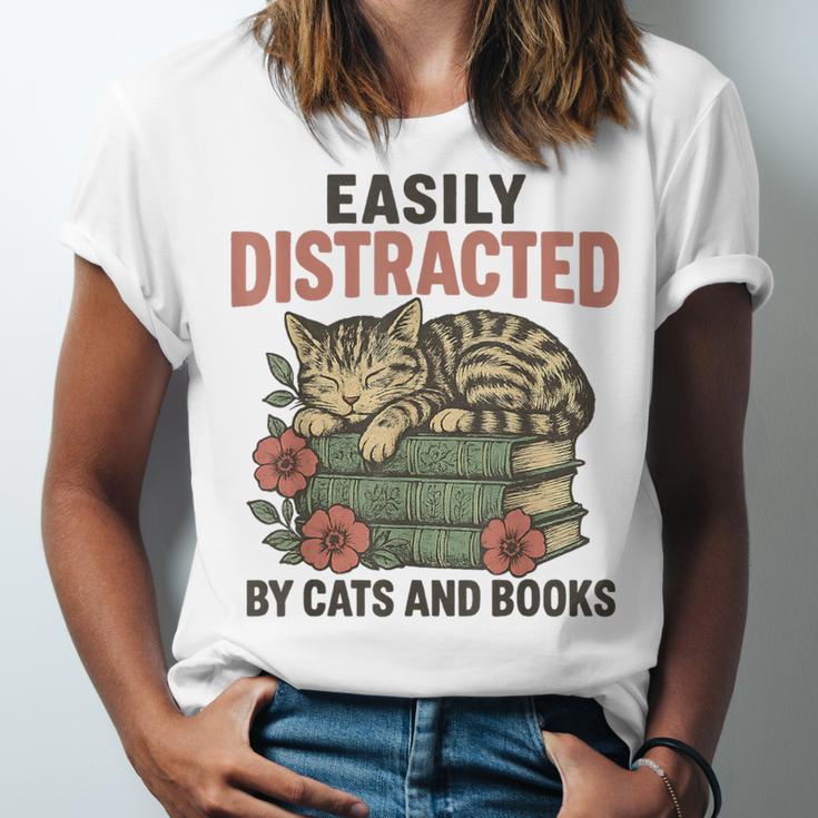 Easily Distracted By Cats And Books Vintage Unisex Jersey T-Shirt