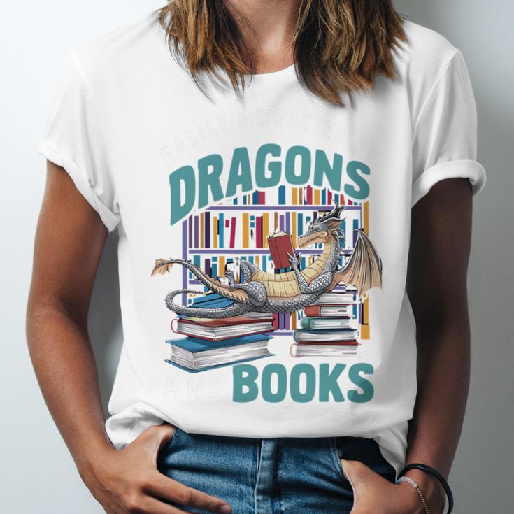 Easily Distracted By Dragons And Books Bookworm Unisex Jersey T-Shirt