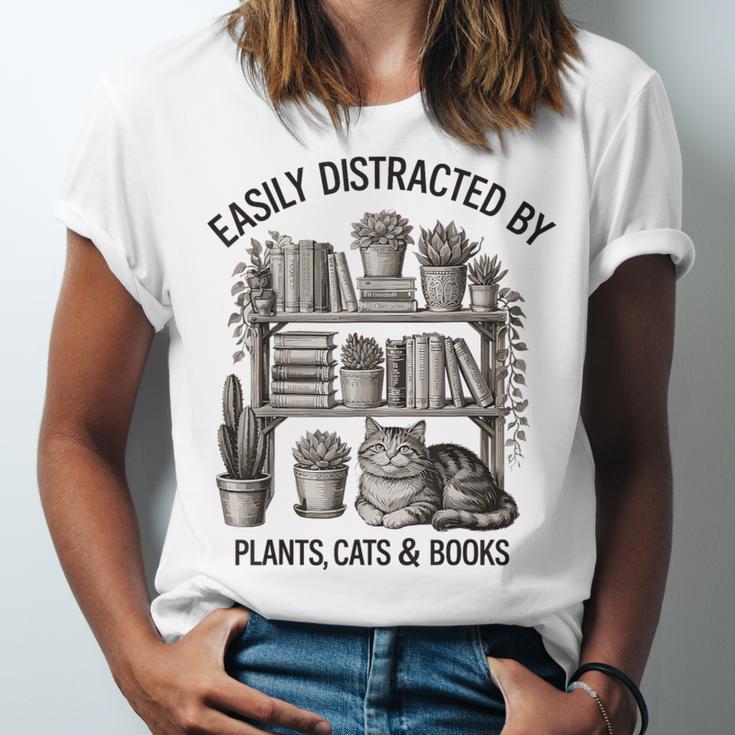 Easily Distracted By Plants Cats & Books Planting Gardening Unisex Jersey T-Shirt