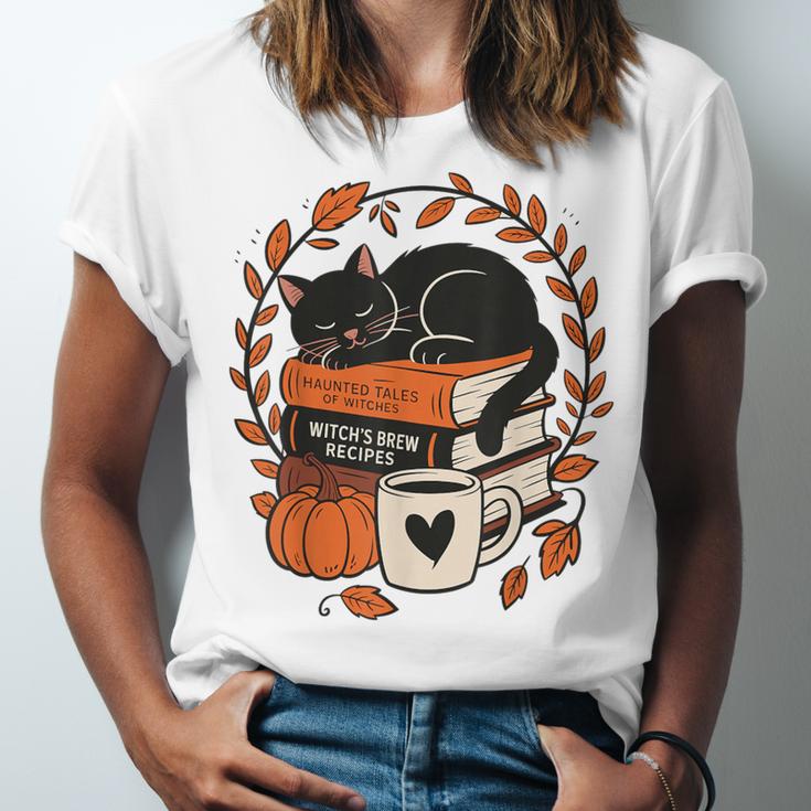 Fall Book Teacher Cat Books Halloween Autumn Librarian Unisex Jersey T-Shirt