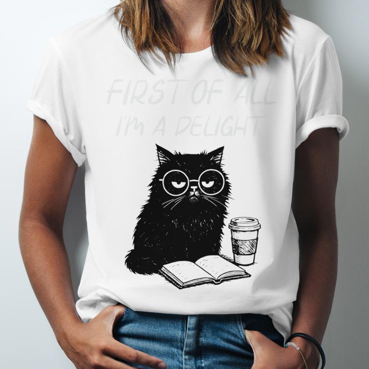 First Of All I’m A Delight Cute Cat Books Coffee Humor Unisex Jersey T-Shirt First Of All I’m A Delight Cute Cat Books Coffee Humor Unisex Jersey T-Shirt