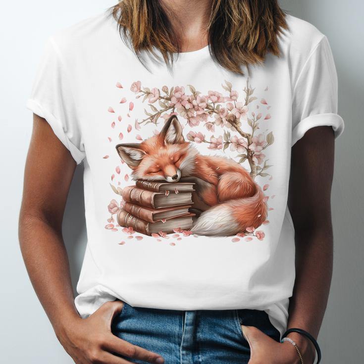 Fox And Book Lover Graphic For Women And Spring Pink Flower Unisex Jersey T-Shirt