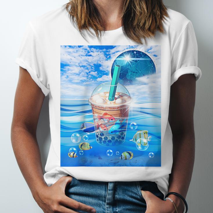 Frutiger Aero Aesthetic Tech Bubble Tea Boba Milktea Fishes Raglan Baseball Tee Unisex Jersey T-Shirt Frutiger Aero Aesthetic Tech Bubble Tea Boba Milktea Fishes Raglan Baseball Tee Unisex Jersey T-Shirt