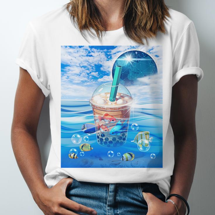 Frutiger Aero Aesthetic Tech Bubble Tea Boba Milktea Fishes Unisex Jersey T-Shirt