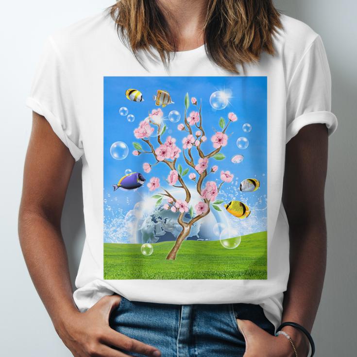 Frutiger Aero Aesthetic Tech Cherry Blossom Fishes Bubbles Raglan Baseball Tee Unisex Jersey T-Shirt
