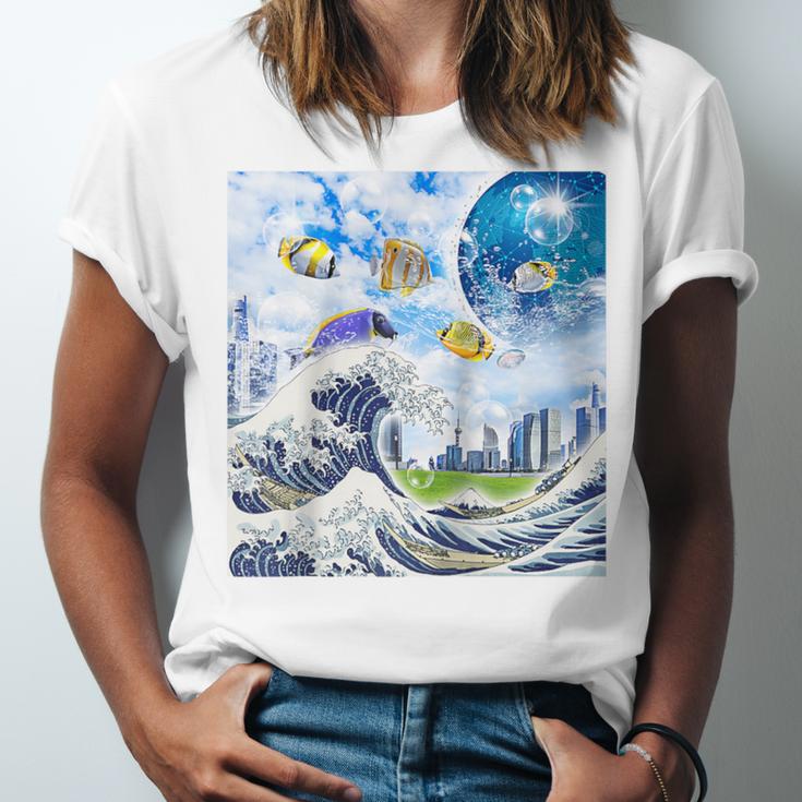 Frutiger Aero Aesthetic Tech Great Wave Of Kanagawa Fishes Raglan Baseball Tee Unisex Jersey T-Shirt Frutiger Aero Aesthetic Tech Great Wave Of Kanagawa Fishes Raglan Baseball Tee Unisex Jersey T-Shirt