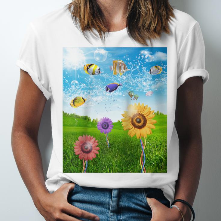 Frutiger Aero Aesthetic Tech Scenery Fishes Sunflower Raglan Baseball Tee Unisex Jersey T-Shirt