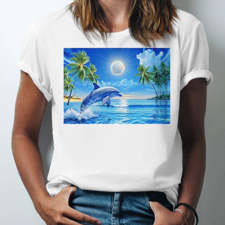 Frutiger Aero Dolphin Sunset Ocean With Palm Trees Y2k Premium Unisex Jersey T-Shirt