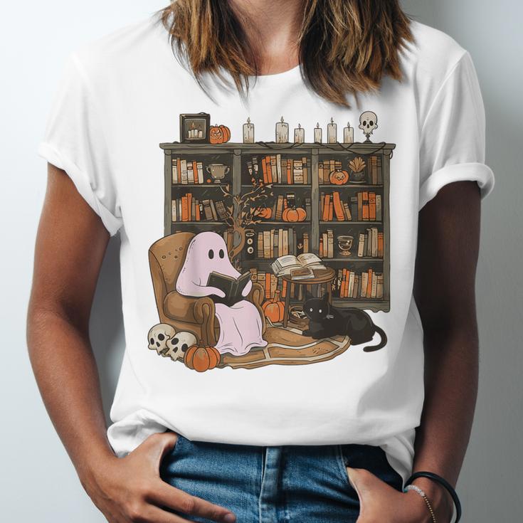 Ghost Reading Book Cat Lover Halloween Reading Enthusiast Unisex Jersey T-Shirt Ghost Reading Book Cat Lover Halloween Reading Enthusiast Unisex Jersey T-Shirt