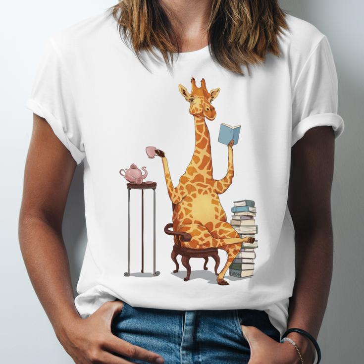 Giraffe Reading Tea Books Coffee Book Lover Graphic Unisex Jersey T-Shirt