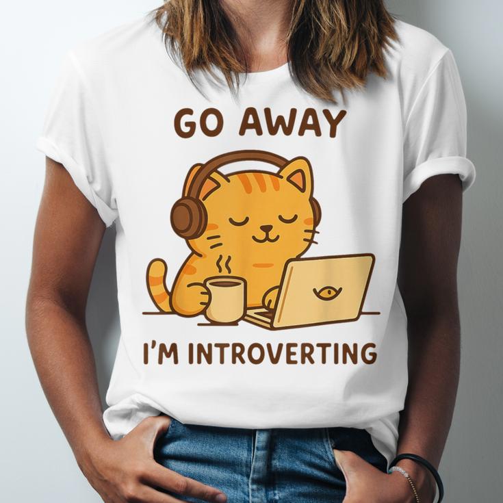 Go Away I'm Introverting Cozy Cat With Laptop And Coffee Unisex Jersey T-Shirt Go Away I'm Introverting Cozy Cat With Laptop And Coffee Unisex Jersey T-Shirt