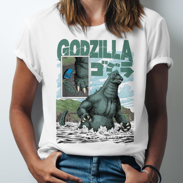 Godzilla Ocean Scene Comic Book Illustration Movie Monster Unisex Jersey T-Shirt