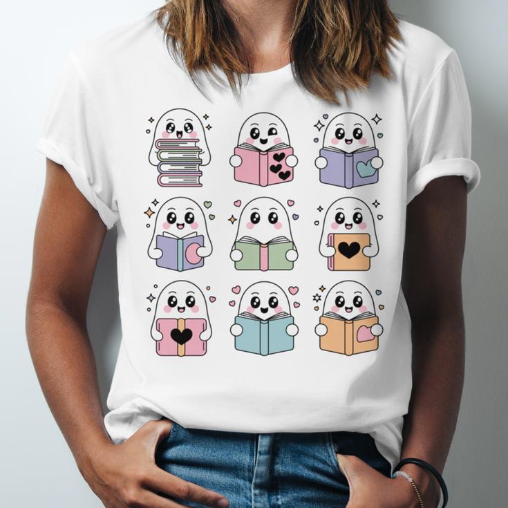 Halloween Ghosts Reading Books Pattern Spooky Kawaii Anime Unisex Jersey T-Shirt Halloween Ghosts Reading Books Pattern Spooky Kawaii Anime Unisex Jersey T-Shirt