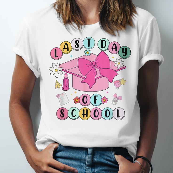 Happy Last Day Of School Coquette Bow Graduation Girls Kids Unisex Jersey T-Shirt