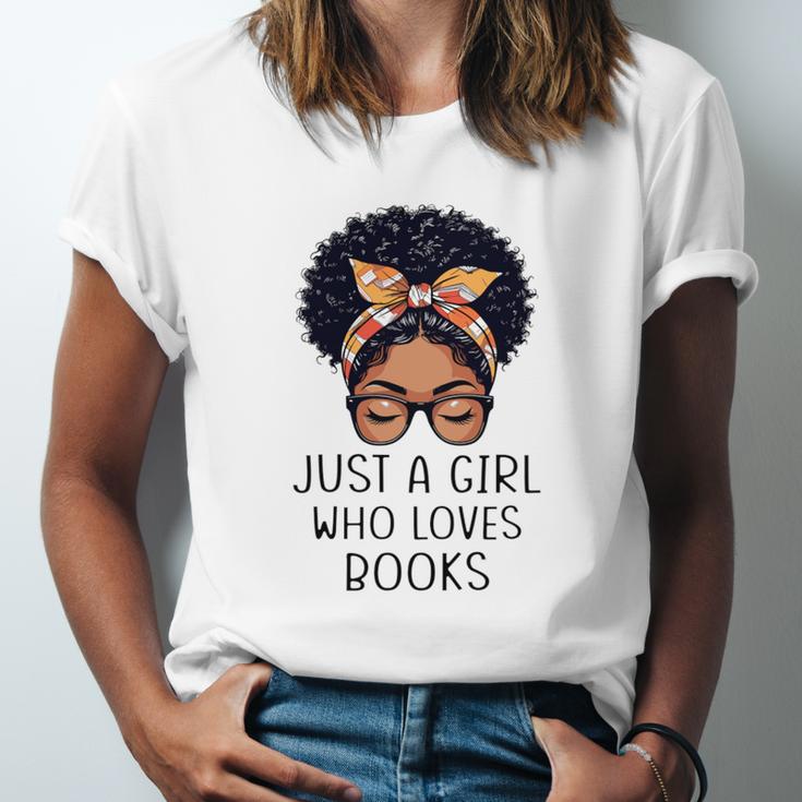 Just a Girl Who Loves Books Messy Bun Black Women Reading Unisex Jersey T-Shirt Just a Girl Who Loves Books Messy Bun Black Women Reading Unisex Jersey T-Shirt