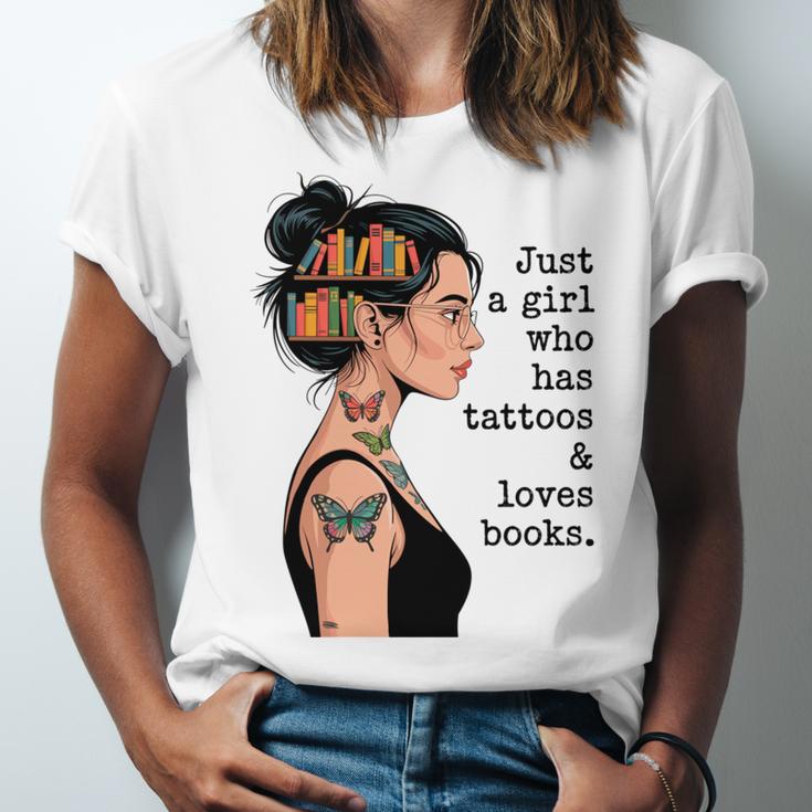 Just a Girl Who Has Tattoos And Love Books Tattooed Inked Unisex Jersey T-Shirt