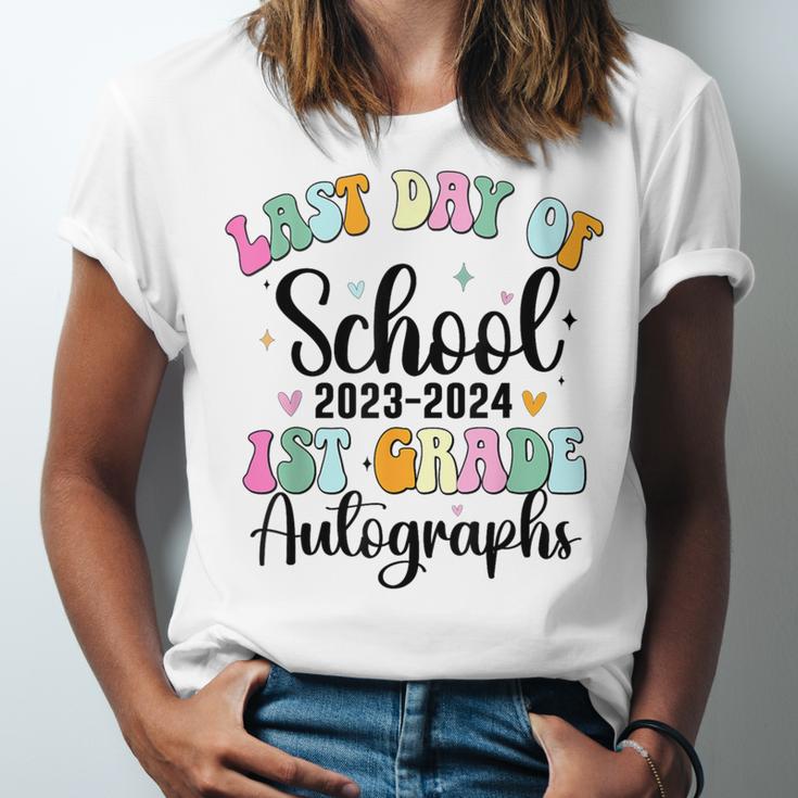 Last Day Autographs 1st Grade Graduation Boys Girls Groovy Unisex Jersey T-Shirt