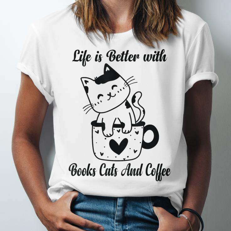 Life Is Better With Books Cats And Coffee Shirt Unisex Jersey T-Shirt