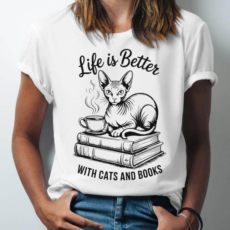Life Is Better With Cats & Books Sphynx Cat Mom Women Unisex Jersey T-Shirt Life Is Better With Cats & Books Sphynx Cat Mom Women Unisex Jersey T-Shirt