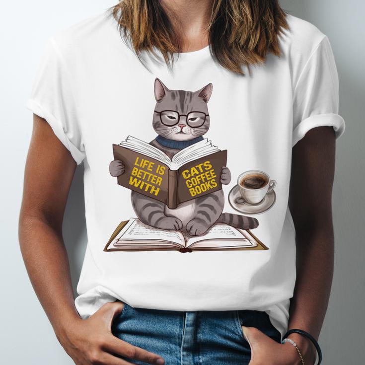 Life Is Better With Cats Coffee Books Cat Reading Book Unisex Jersey T-Shirt