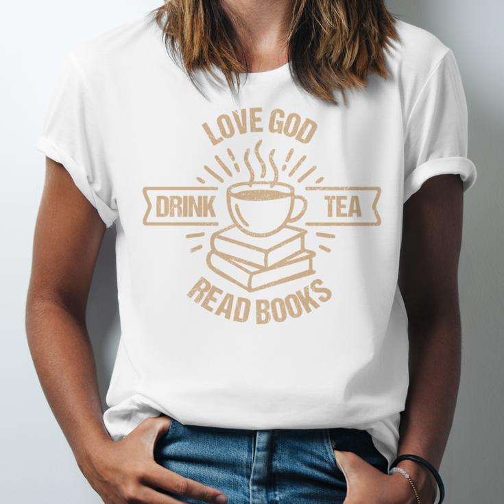 Love God Drink Tea Read Books Lovers Vintage Christian Unisex Jersey T-Shirt Love God Drink Tea Read Books Lovers Vintage Christian Unisex Jersey T-Shirt