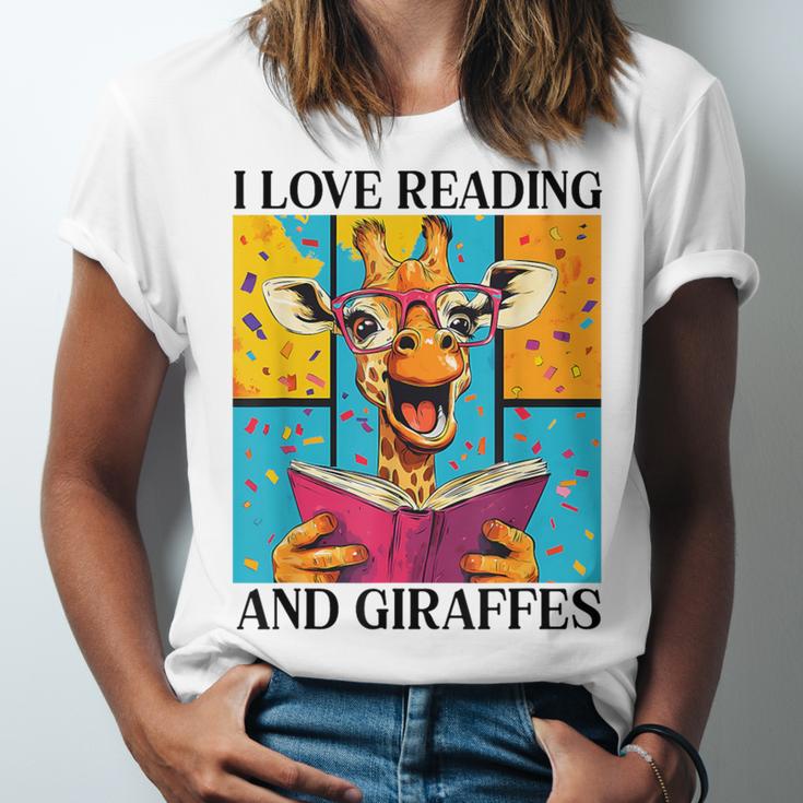 Love Reading And Giraffes Cute Giraffe Reading Book Lovers Unisex Jersey T-Shirt