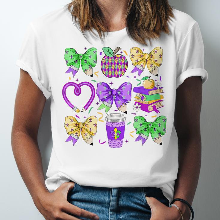 Mardi Gras Teacher Coquette Bow Pencil Apple Book Women Girl Unisex Jersey T-Shirt Mardi Gras Teacher Coquette Bow Pencil Apple Book Women Girl Unisex Jersey T-Shirt