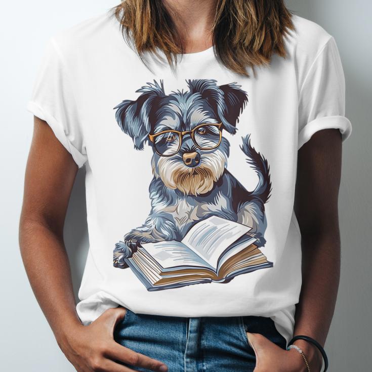 Nerdy Schnauzer Dog Book Lover Glasses Cute Pet For Men Women Kids Unisex Jersey T-Shirt