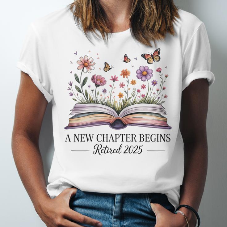 a New Chapter Begins Retired 2025 Floral Book Retirement Unisex Jersey T-Shirt a New Chapter Begins Retired 2025 Floral Book Retirement Unisex Jersey T-Shirt