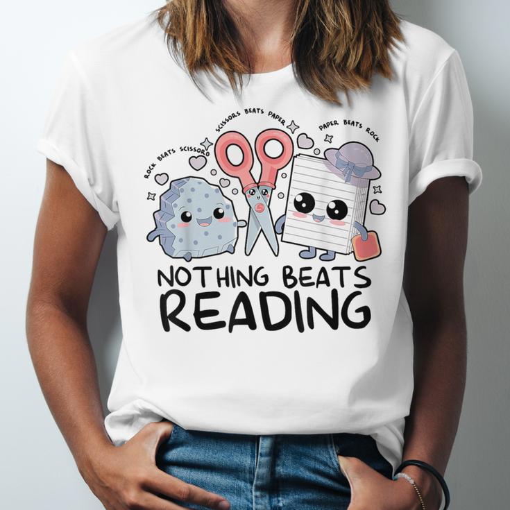 Nothing Beats Reading Rock Paper Scissors Book Lover Teacher Unisex Jersey T-Shirt