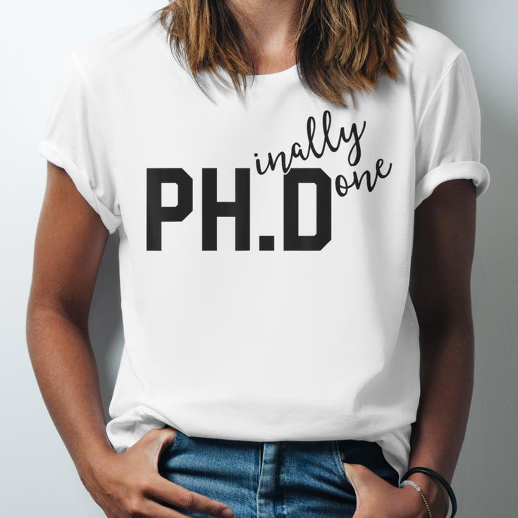 PhD Shirt Phinally Finally Done Graduation Her Unisex Jersey T-Shirt