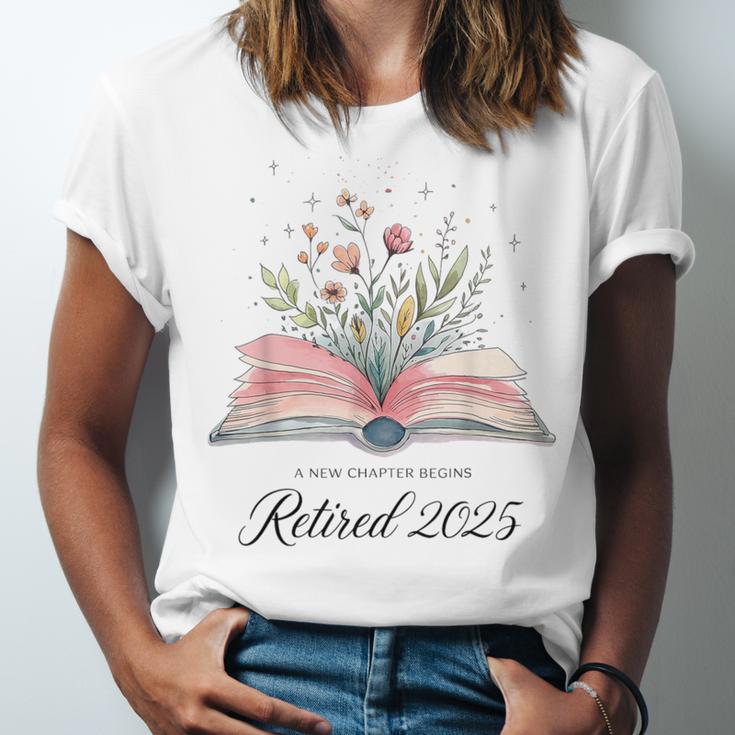 Quote New Chapter Begins Retired 2025 Floral Open Book Unisex Jersey T-Shirt